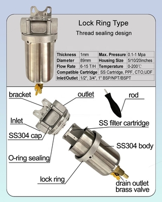 Cassa filtro in acciaio inossidabile da 30 pollici per filtri a cartuccia NPT/BSPT/BSP Thread Standard Inlet/Outlet 1/2 Design compatto